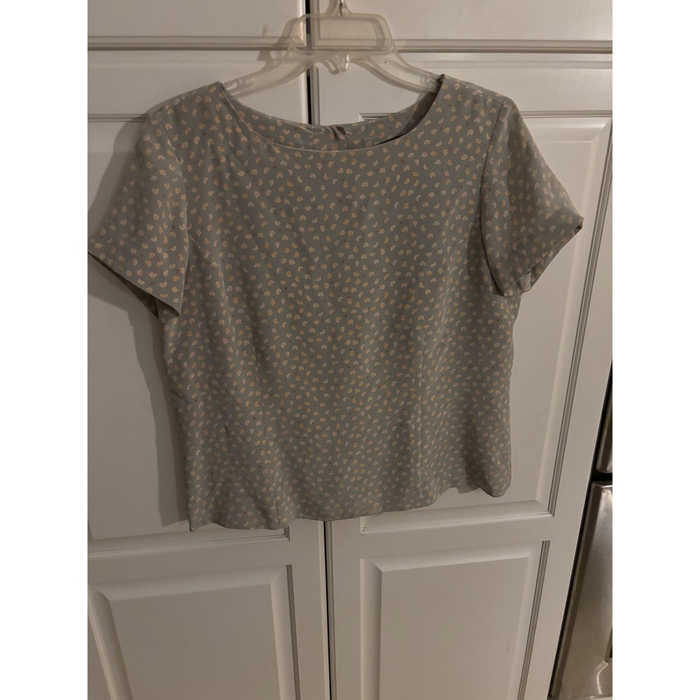 Austin‎ Reed Petite Silk Blouse Womens 14 Floral Short Sleeve Button Back Blue